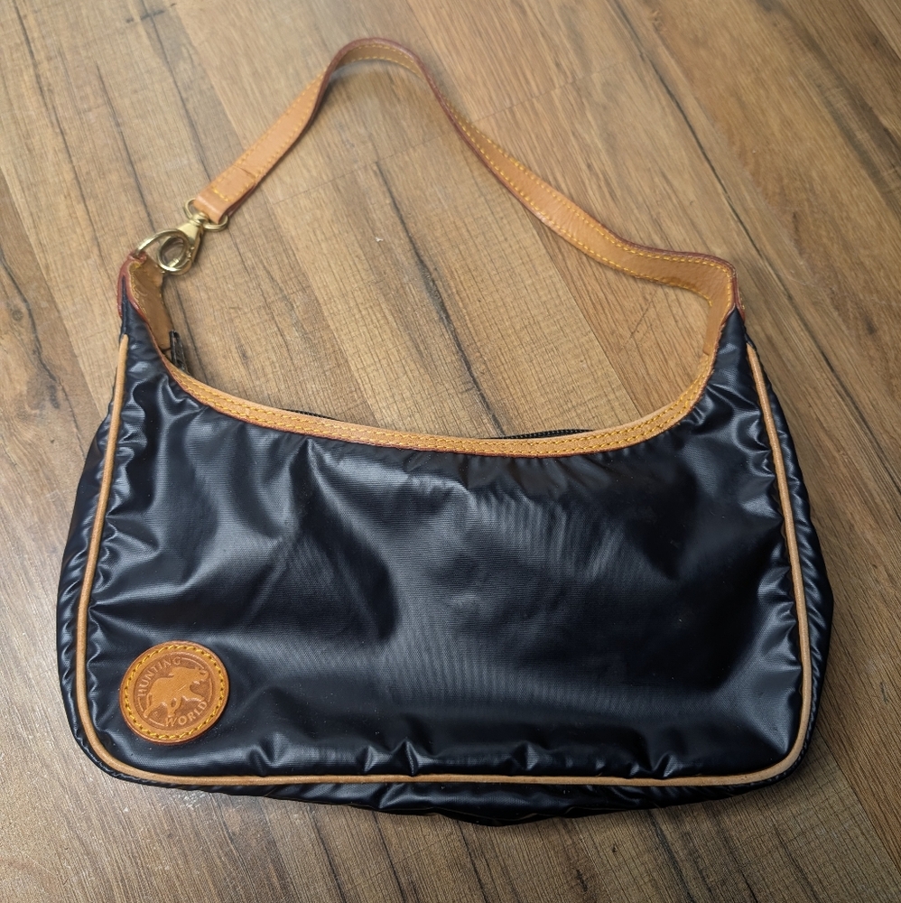 Hunting World Black Nylon With Tan Leather Shoulder Bag